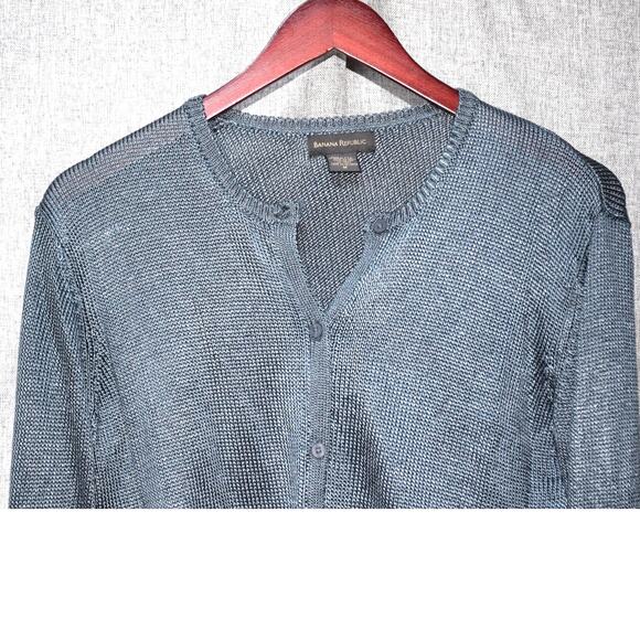 Banana Republic Metallic Blue Open Knit Button Cardigan Sweater Size M - Picture 2 of 4